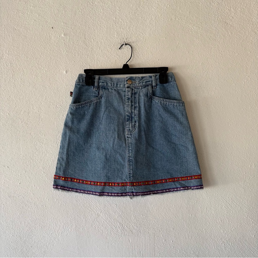 Denim Mini‎ Skirt Tribal Trim Frayed Hem Cotton Blue Size 9/10 - Picture 14 of 15